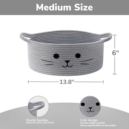 13.8" x 6" Cat Toy Basket, Woven Basket for Living Room Home Décor, Medium Empty Gift Baskets for Nursery, Cotton Rope Baskets for Cats Bed, Grey