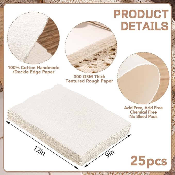 25 Sheets Watercolor Paper 9X 12, 300 GSM Deckled Edge Paper Rough/Textured Handmade Paper for Watercolors, Wedding Invitations, Cards, Crafts