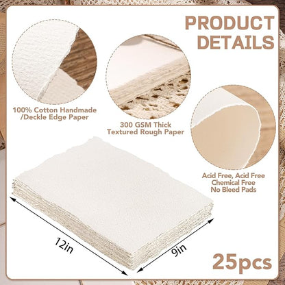 25 Sheets Watercolor Paper 9X 12, 300 GSM Deckled Edge Paper Rough/Textured Handmade Paper for Watercolors, Wedding Invitations, Cards, Crafts