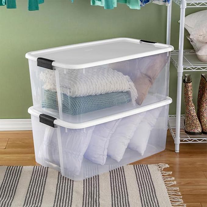 Sterilite 4-Pack Ultra Latching Box, Storage Bins with Lids, Clear Plastic, 116 Quart - Heavy-Duty Organizing Containers for Closet, Bathroom, and Office