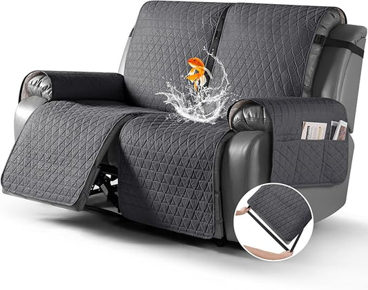 TAOCOCO 100% Waterproof Loveseat Recliner Cover-Recliner Cover with Non-Slip Granule, Recliner Chair Covers with Elastic Band,Washable Recliner Chair/Protector for Pets(Black Gray, 2 Seater)