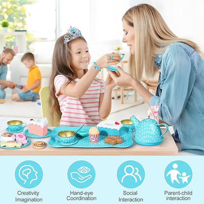 Tea Party Set for Little Girls, 49PCS Princess Tea Time Toys Including Tea Set Dessert Carrying Case, Kids Kitchen Pretend Playset (Bunny Tea Party Set Blue)