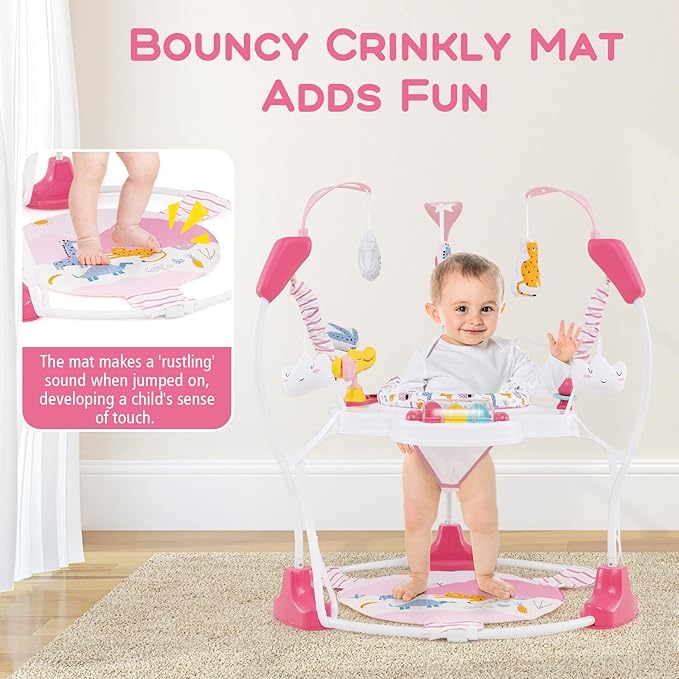 INFANS Baby Activity Center, 3 in 1 Play Center Jumpers and Bouncers with Music, Lights, Interactive Toys, 360°Rotating Seat, 3 Adjustable Heights, Exersaucer Learning Toys for Baby 6-12 Months (Pink)