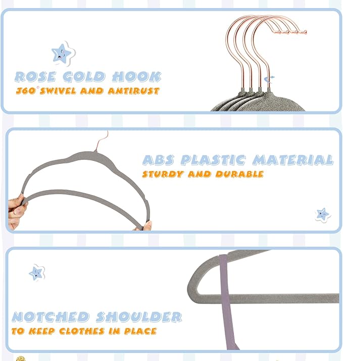 ManGotree Baby Velvet Hangers with 360° Swivel Rose Gold Hook, 10.95" Non-Slip Toddler Hangers, Ultra Thin Space Saving Infant Hangers for Kids Clothes, 15 Pack (Gray)