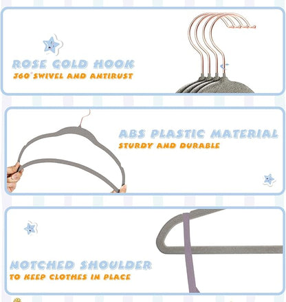 ManGotree Baby Velvet Hangers with 360° Swivel Rose Gold Hook, 10.95" Non-Slip Toddler Hangers, Ultra Thin Space Saving Infant Hangers for Kids Clothes, 15 Pack (Gray)