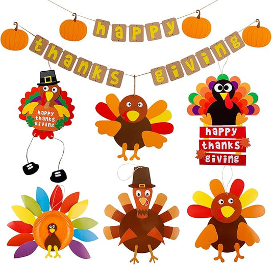 YOMIQIU Thanksgiving Turkey Crafts Kits, DIY Festive Fall Thanksgiving Party Hanging Sign Decor(6 Sets), Thanksgiving Crafts for Kids and Adults at Home Party Decoration School Activities