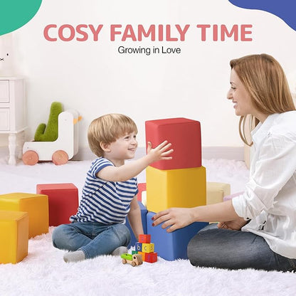 Foam Building Blocks for Kids: 12-Pieces PU Leather Colorful Foam Blocks - Building Toys for Toddler - Giant Stacking Blocks Toys - Soft Indoor Playset for Birthday Gift Preschool Learning (Classic)