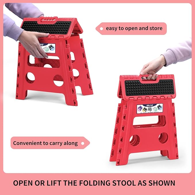 Delxo Folding Step Stool,Non-Slip Stool 13 inch Height Premium Heavy Duty Foldable Stool for Kids and Adults,Kitchen Garden Bathroom Stepping Stool 1 Pack in Red,Dotted Texture