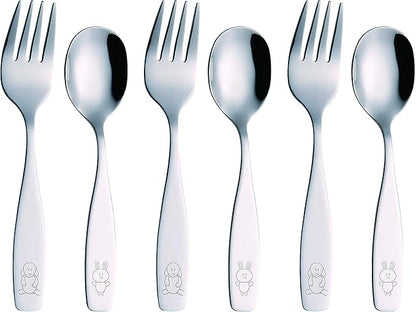Exzact Children Flatware 6pcs - 3 x Forks, 3 x Spoons - Toddler Utensil Kids Silverware Cutlery Stainless Steel - Dishwasher Safe