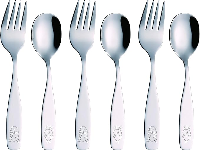 Exzact Children Flatware 6pcs - 3 x Forks, 3 x Spoons - Toddler Utensil Kids Silverware Cutlery Stainless Steel - Dishwasher Safe