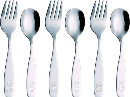 Exzact Children Flatware 6pcs - 3 x Forks, 3 x Spoons - Toddler Utensil Kids Silverware Cutlery Stainless Steel - Dishwasher Safe