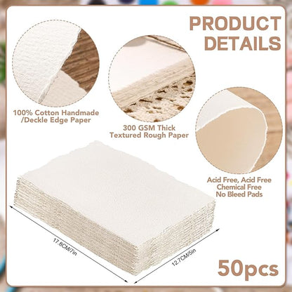 50 Sheets Watercolor Paper 5 x 7inch, 300 GSM Deckled Edge Paper Rough/Textured Handmade Paper Cotton Paper for Watercolors, Wedding Invitations, Cards, Crafts