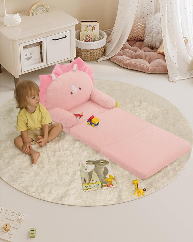 MOONBEEKI Comfy Toddler Chair, Kids Couch Fold Out to Lounger, Foldable Baby Sofa Plush for Girl and Boy Age 18 Months and Up （Pink Triceratops）