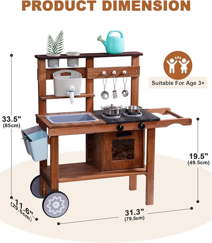 ROBUD Mud Kitchen for Kids Outdoor with Wheels, Wooden Outdoor Play Kitchen, Kids Mud Kitchen with Removable Sink & Faucet, Monteeori Toys for Children Ages 3+ Years, WG403