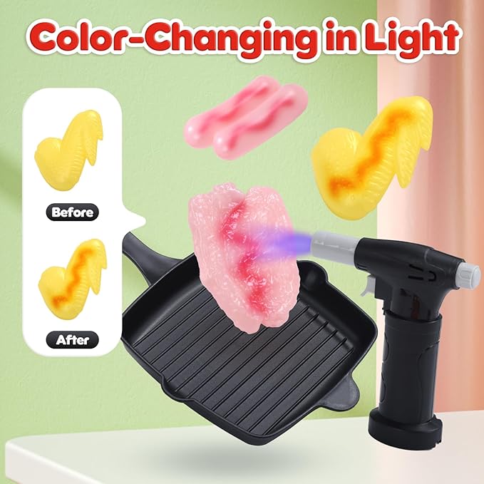 CUTE STONE Kids BBQ Grill Toys, Color Changing Play Food, Sizzling Sound & Light Effects, Cool Mist Spray, Pretend Cooking with Frying & Grilling, 2-Tier BBQ on Wheels - Kitchen Toy, Birthday Gift