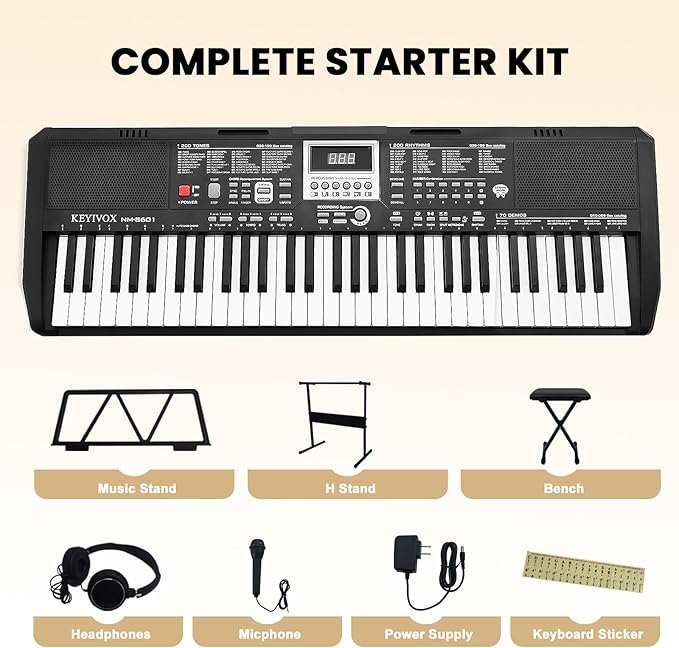 61 Key Electronic Keyboard Piano for Beginners, 200 Tones & Rhythms, with H Stand, Stool, Headphones, Microphone, Piano Note Stickers