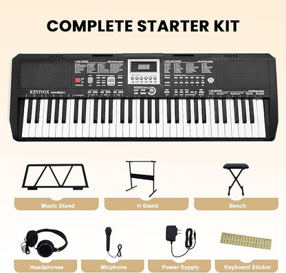 61 Key Electronic Keyboard Piano for Beginners, 200 Tones & Rhythms, with H Stand, Stool, Headphones, Microphone, Piano Note Stickers