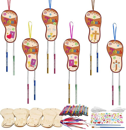 Fennoral 12 Pack Jesus Wind Chime Kit for Kids Make You Own Sunday School Craft for Girls Boys DIY Coloring Wooden Christmas Religious Crafts for Sunday School Art Party Decoration Birthday Gift