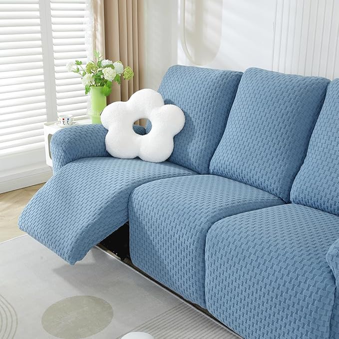 vctops 8 Pieces Jacquard Plush Recliner Sofa Covers Stretch Soft 3 Seats Couch Cover Anti-Slip Solid Color Sofa Slipcover Furniture Protector with Elastic Bottom for Kids Pet (Lake Blue,3 Seat)