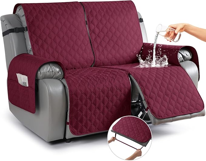 TAOCOCO 100% Waterproof Recliner Covers, Recliner Sofa Covers with Leg Straps, Reversible Recliner Couch Cover for Reclining Chair, Washable Couch Protector for Pets Kids(2 Seater, Wine)