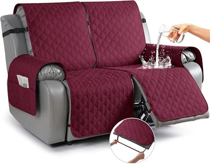 TAOCOCO 100% Waterproof Recliner Covers, Recliner Sofa Covers with Leg Straps, Reversible Recliner Couch Cover for Reclining Chair, Washable Couch Protector for Pets Kids(2 Seater, Wine)