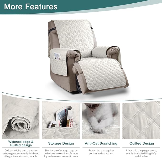 Ruaozz 100% Waterproof Recliner Chair Cover Non-Slip Oversized Reclining Cover for Large Recliner Chair Washable Chair Seat Cover with Elastic Straps for Kids, Dogs, Pets (Beige, 28'')