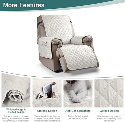 Ruaozz 100% Waterproof Recliner Chair Cover Non-Slip Oversized Reclining Cover for Large Recliner Chair Washable Chair Seat Cover with Elastic Straps for Kids, Dogs, Pets (Beige, 28'')