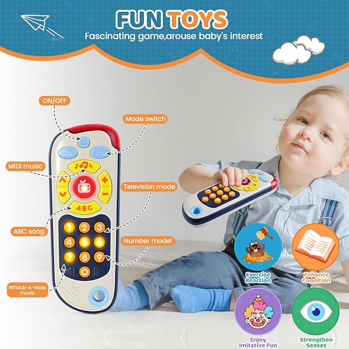Orzbow Baby Remote Control Toy with Music, Realistic TV Remote Toy with Lights and Sounds, 3 Modes(Learning, Music, Game), Baby Sensory Toy for Toddler Infant Boy Girl Gift 1-3 Year Old, Black