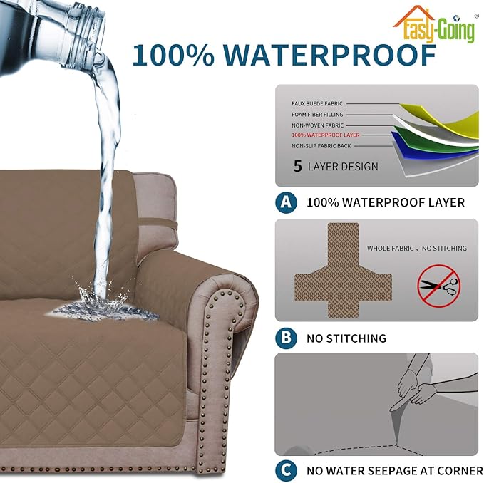Easy-Going Sofa Slipcover Waterproof Couch Cover for 3 Cushion Couch Sofa Cover Furniture Protector Cover Pets Covers Washable Non-Slip Fabric Pets Kids Children Dog Cat (Sofa, Camel)