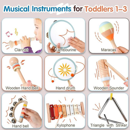 Toddler Musical Instruments-Montessori Wooden Educational Toys for Toddlers 1-3,Baby Musical Instruments,Neutral Color Musical Instruments Set with Xylophone,Maracas,Bell,Birthday Gift for Ages 1 2 3
