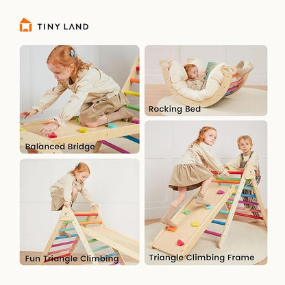 Tiny Land Pikler Triangle Set, 7-in-1 Foldable Pikler Triangle Climbing Toys Set for Kids,Baby Indoor Playground Jungle Gym, Wooden Montessori Climbing Set for Toddler (Rainbow)