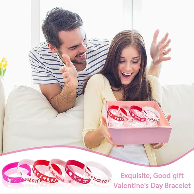 JUNEBRUSHS 42pcs Valentine's Day Party Favors Silicone Bracelets Pink Red Love Heart Rubber Wristbands Accessories for Adults Valentine's Day Party Decorations Gift (6 Designs)