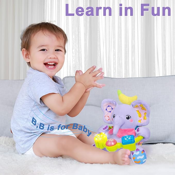 Holaxander Baby Elephant Musical Stuffed Animals Toy with Light-Up Music & Crinkle Sound Paper,Infant Bilingual Early Learning Education Toys,Tummy Time Toys for 0-3-6-12+ Months Boy Girl, Purple
