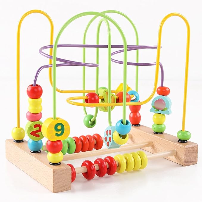 QZMTOY Wooden Toys for Toddlers, Bead Maze Toy for Toddlers with Colorful Animals Fruits Shapes, Educational Counting Learning Circle Toys for Kids, Classic Gifts for Boys Girls Baby