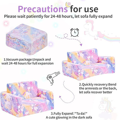 Toddler Couch, Toddler Chair Folding, Kids Couch 2 in 1, Kids Sofa for Playroom-Extra Soft 2 Seats, Glow in The Dark Open Couch, Gifts for Kids, Sleeper for Girls Boys, Grey Green