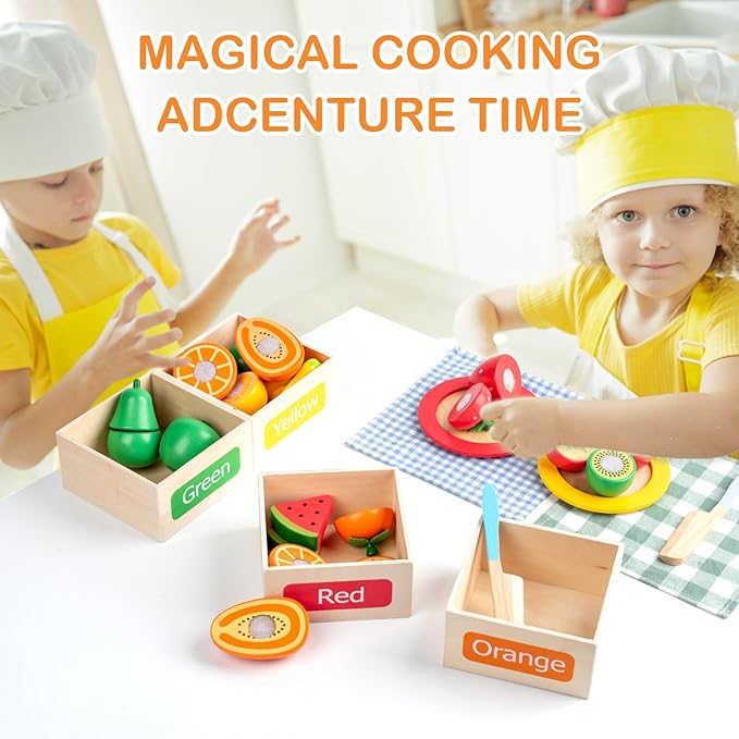 Wooden Play Food Sets for Kids Kitchen Accessories, Velcro Fruit and Veggies Cutting Set for Kids, Pretend Play Food for Toddlers, Montessori Color Sorting Toys for Girls Boys