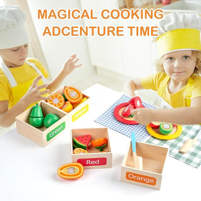 Wooden Play Food Sets for Kids Kitchen Accessories, Velcro Fruit and Veggies Cutting Set for Kids, Pretend Play Food for Toddlers, Montessori Color Sorting Toys for Girls Boys