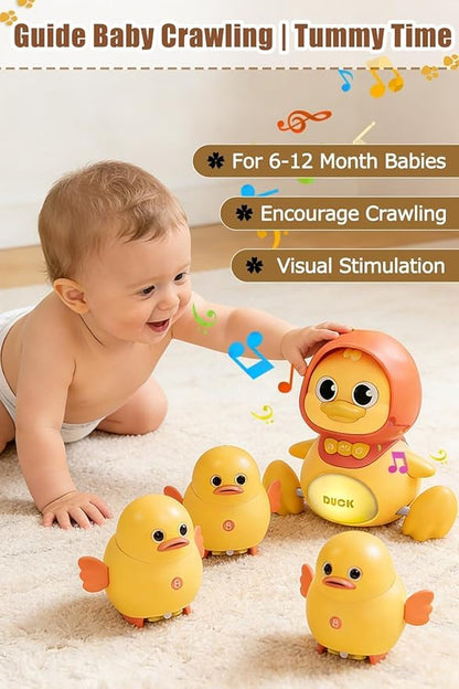 JUYEE Baby Crawling Toys Set of 4 - Magnetic Ducks Family for Infants 6-9-12 Months, Tummy Time Toys with Music & Lights, 1st Birthday Gift for Boys and Girls(4-Pack)
