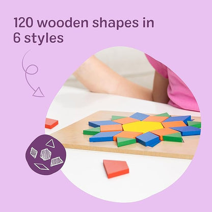 Melissa & Doug Pattern Blocks and Boards with 120 Multi-Colored Wooden Shape Tiles, 5 Double-Sided Puzzle Boards, Tangram Puzzles, Montessori Toys for Girls & Boys