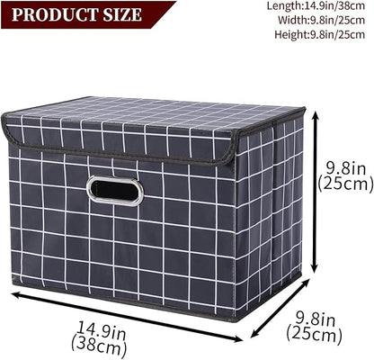 STOREONE Fabric Storage Cube Bins Foldable Organizer Container Collapsible Basket with Lids and Metal Handles, for Home, Bedroom, Closet 6 Pcs (Black grid)