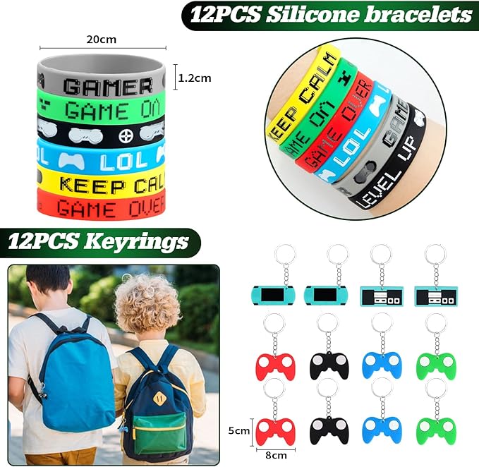 KISPATTI Video Game Party Favors, 124 PCS Gaming Birthday Party Supplies with Drawstring Bags VIP Pass Tickets Keychain Temporary Tattoo Stickers Game Theme Goodie Bag for Kids Gamer