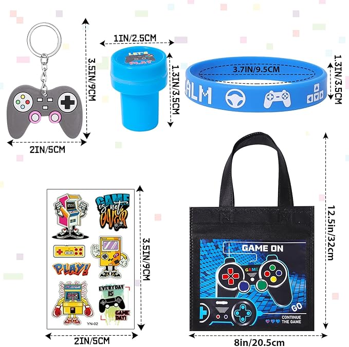 60Pcs Video Game Party Favors Gamer Birthday Party Supplies for Kids Non Woven Bags Silicone Bracelet Stamper Keychain Glow Sticker Game on Gift Goodie Treat Bag Fillers Boy Gaming Party Favors