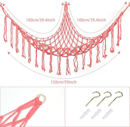 Boho Stuffed Animals Net or Hammock Large,55 inch Toy Hammock Macrame Stuff Animal Storage Corner Hanging Net Holder,Mesh Hammock Plush Toy Organizer with Hooks for Bedroom,Nursery (Pink)