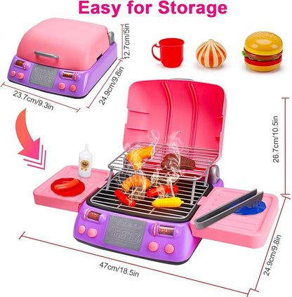 Kids BBQ Grill Playset Kitchen Toy Set with Pretend Smoke Sound Light Toddler Girls Pink Play Food Ages 2-4 3-5 4-8 Indoor Outdoor Cooking Barbecue Toys for 2 3 4 Year Old Girl Birthday Valentine Gift