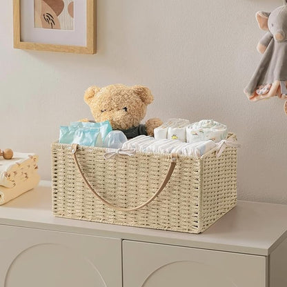 HBlife Large Baby Diaper Caddy Organizer, Paper Rope Storage Baskets Nursery Bin with Removable Divider, Portable Car Organizer for Diapers, Baby Shower Gifts, Newborn Essentials Must Haves