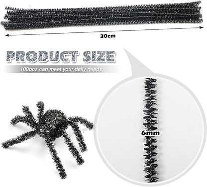 TOAOB 100pcs Christmas Glitter Pipe Cleaners Black Metallic Pipe Cleaners Craft Supplies 6mm x 12 Inch Chenille Stems Pipe Cleaners for Art DIY Crafts Decorations