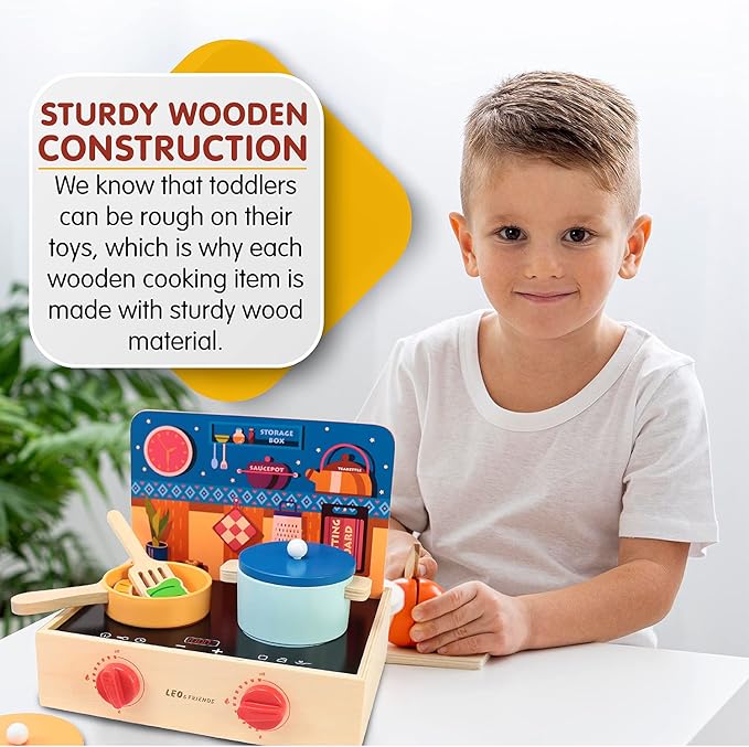 Leo & Friends 2-in-1 Mini Kitchen Wooden Play Set with 15-Pieces - Play-Pretend Toddler Toy for Girls and Boys Aged 24-Months and Older - Educational Kids Toy