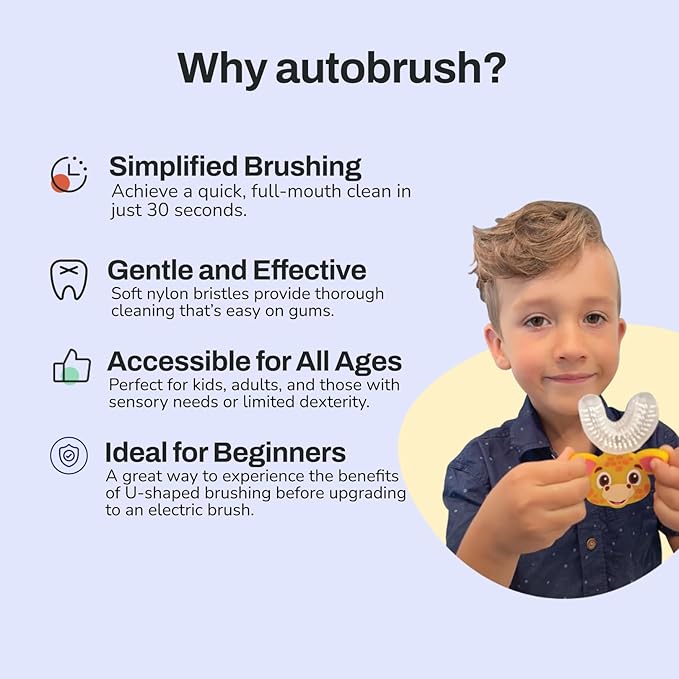 autobrush U Shaped Kids Manual Toothbrush- 360° Design for 5.1X Better Cleaning with Unique Nylon Bristles, Comfort Grip Handle, Waterproof Design, Ages 6-8, Butterfly (Double-Sided)