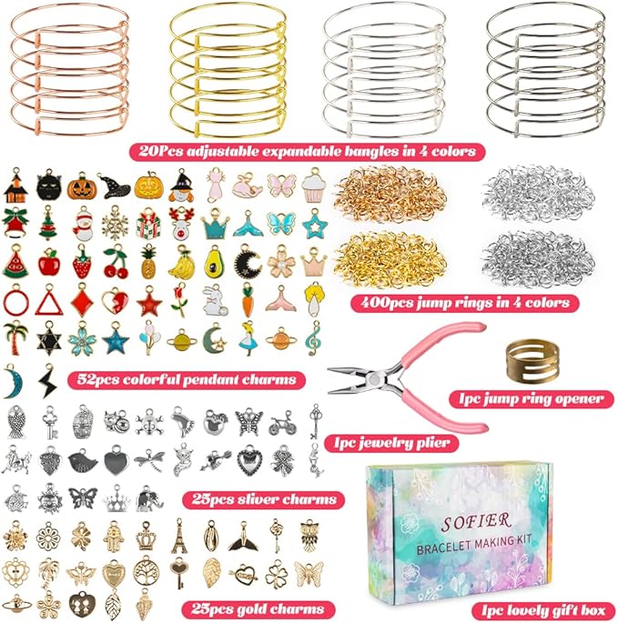 Sofier Bangles Bracelet Making Kit DIY Jewelry Making Kit and Supplies Expandable Charm Bracelets Gift Box Toy Art Craft Gift for Girl Teen Women Adult Halloween Christmas Party