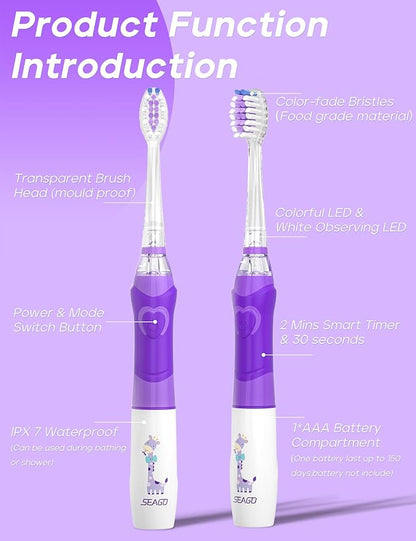 SEAGO Kids Electric Toothbrush with 2 Mins Brushing Timer and 8 Replacement Bursh Heads,Rainbow LED Light Make Brushing Fun, Blue Color Boys Battery Powerd Toothbrush for 4-12 Years Old